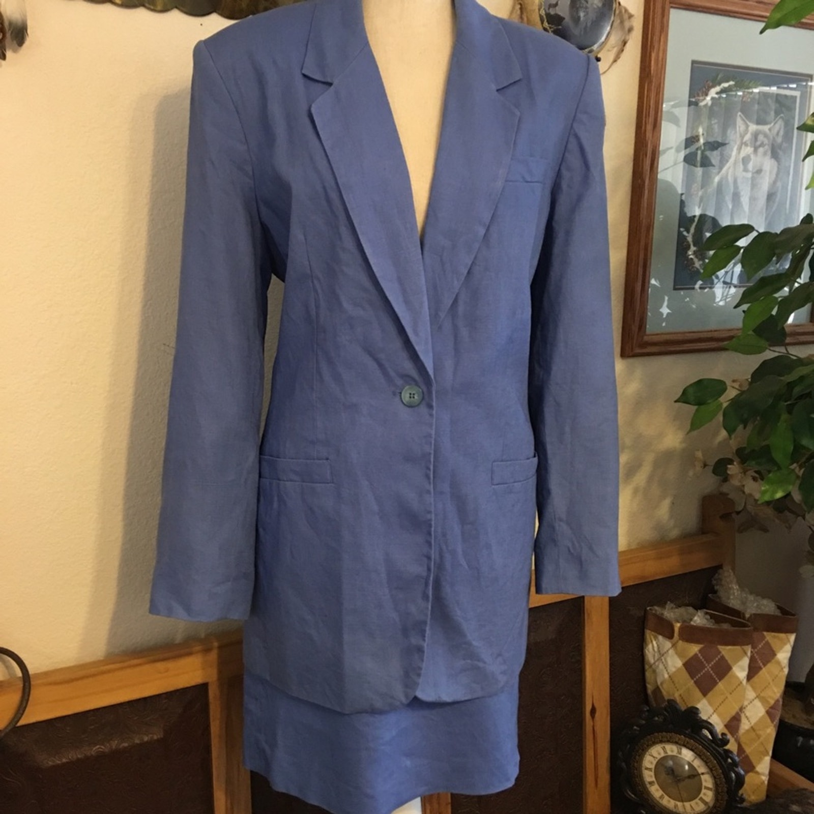 Vintage 90s Amanda Smith slate blue linen suit