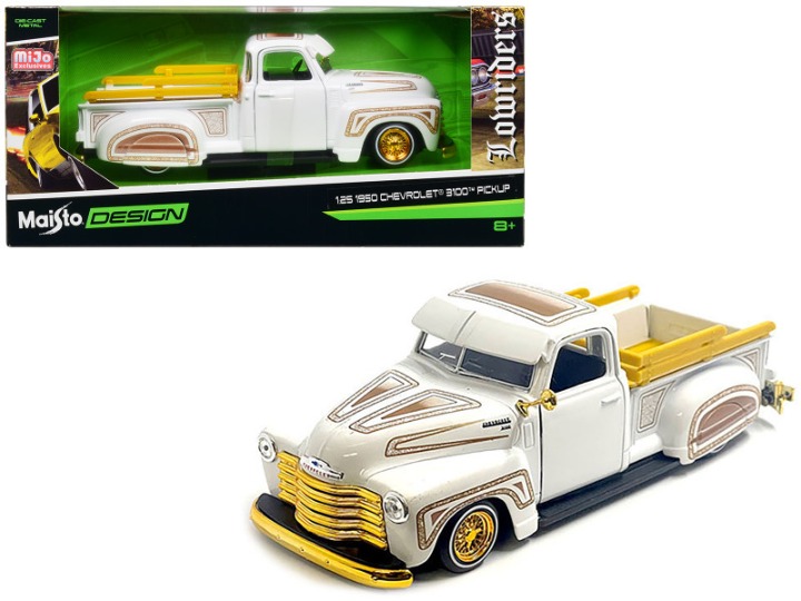 1950 Chevrolet 3100 Pickup Truck Lowrider White with Graphics and Gold Wheels