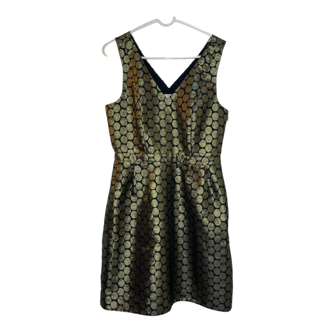 J. Crew New Gold Metallic Medallion V-neck Fit & Flare Dress Side Zipper Size 8
