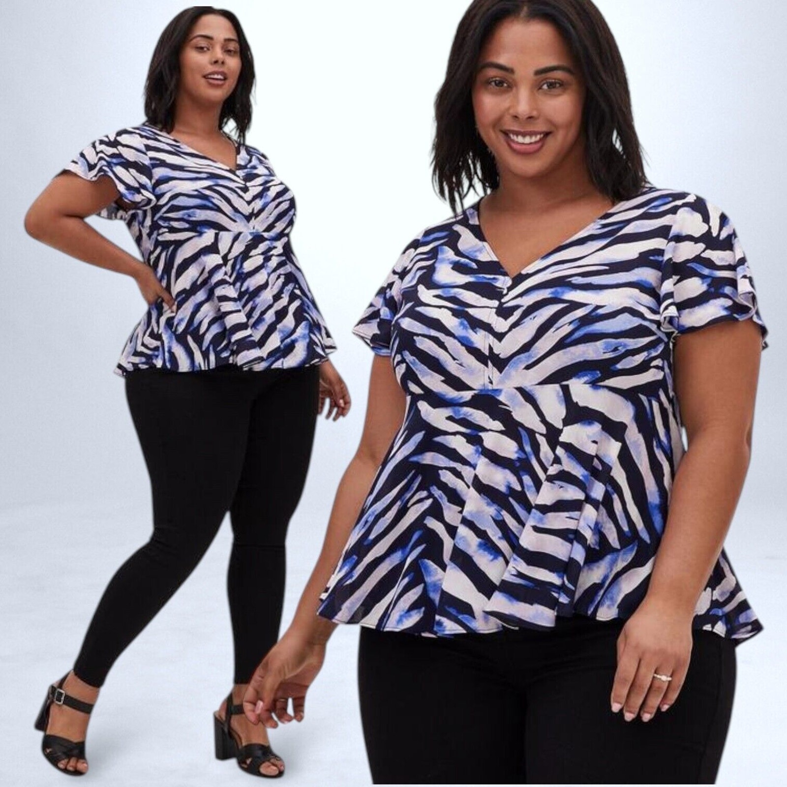 TORRID Babydoll Top Georgette Blouse Flutter Sleeve Abstract Blue V-Neck Size 4X