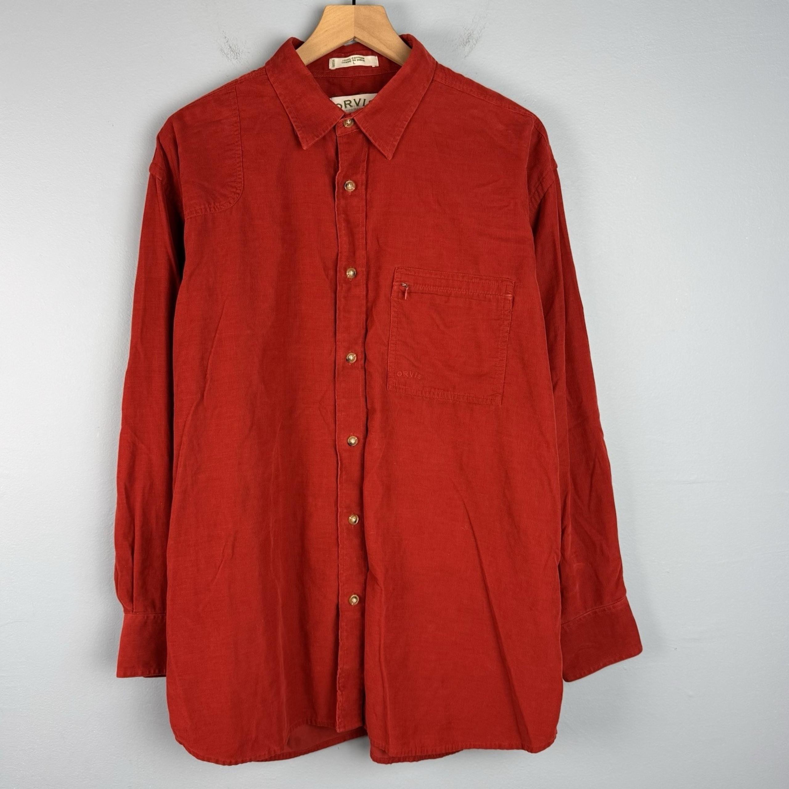 Orvis Men's Large Orange Corduroy Long Sleeve Button Up Zip Pocket Shirt