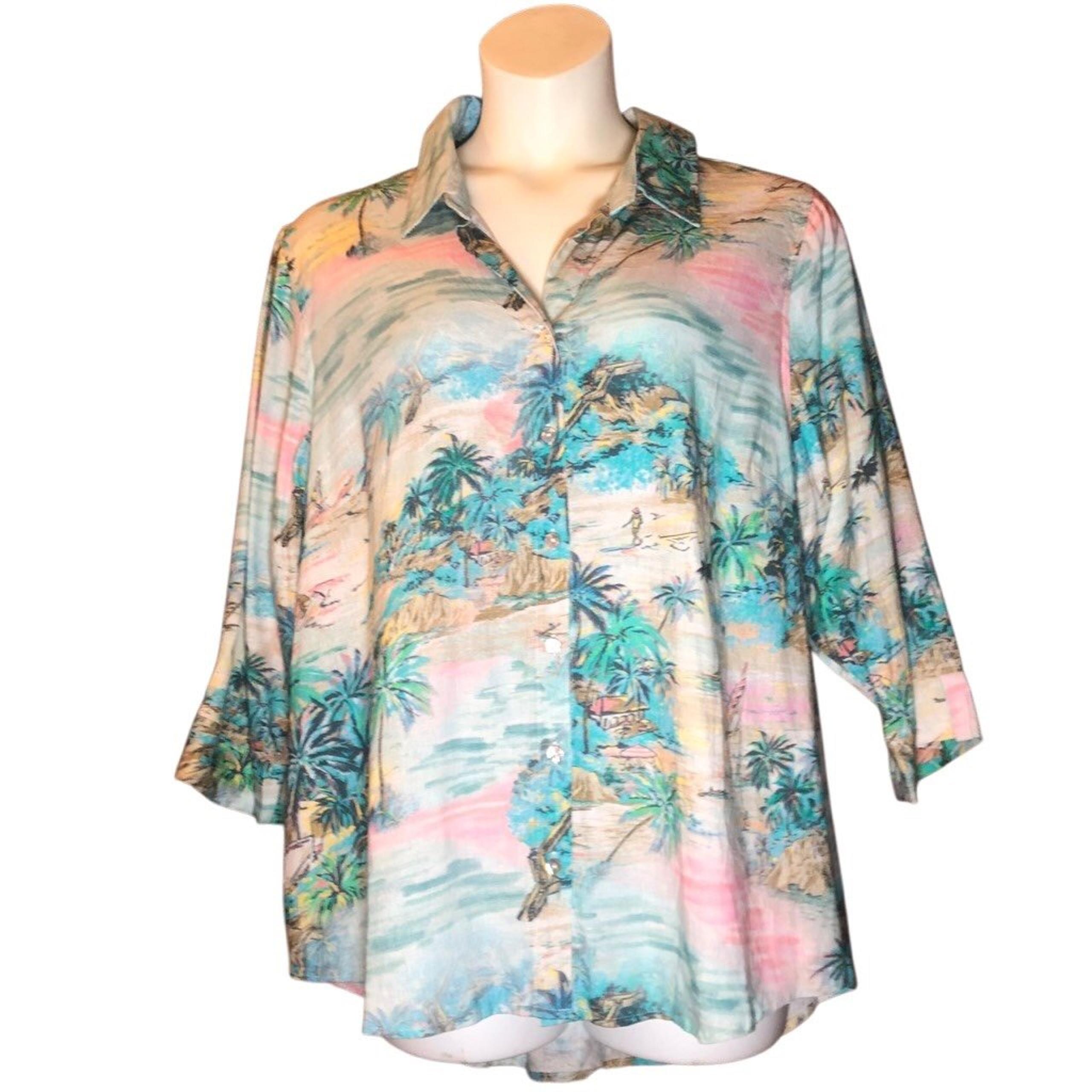 C & C California Women’s Tropical Print Linen Blend Button Up Blouse