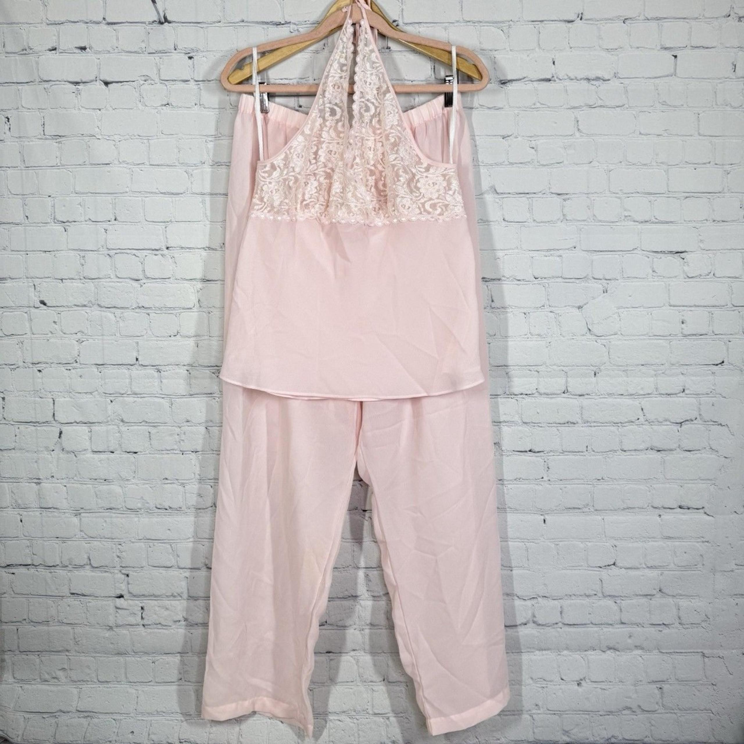 VTG Cinema Sleep wear Pajamas Set Women XL Pink Lace Top Pants Coquette Beaded