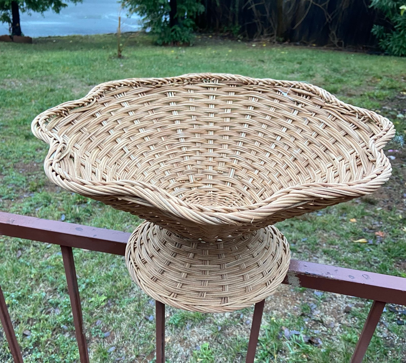 Wicker scalloped Threshold studio McGee pedestal bowl new spring release BNWT