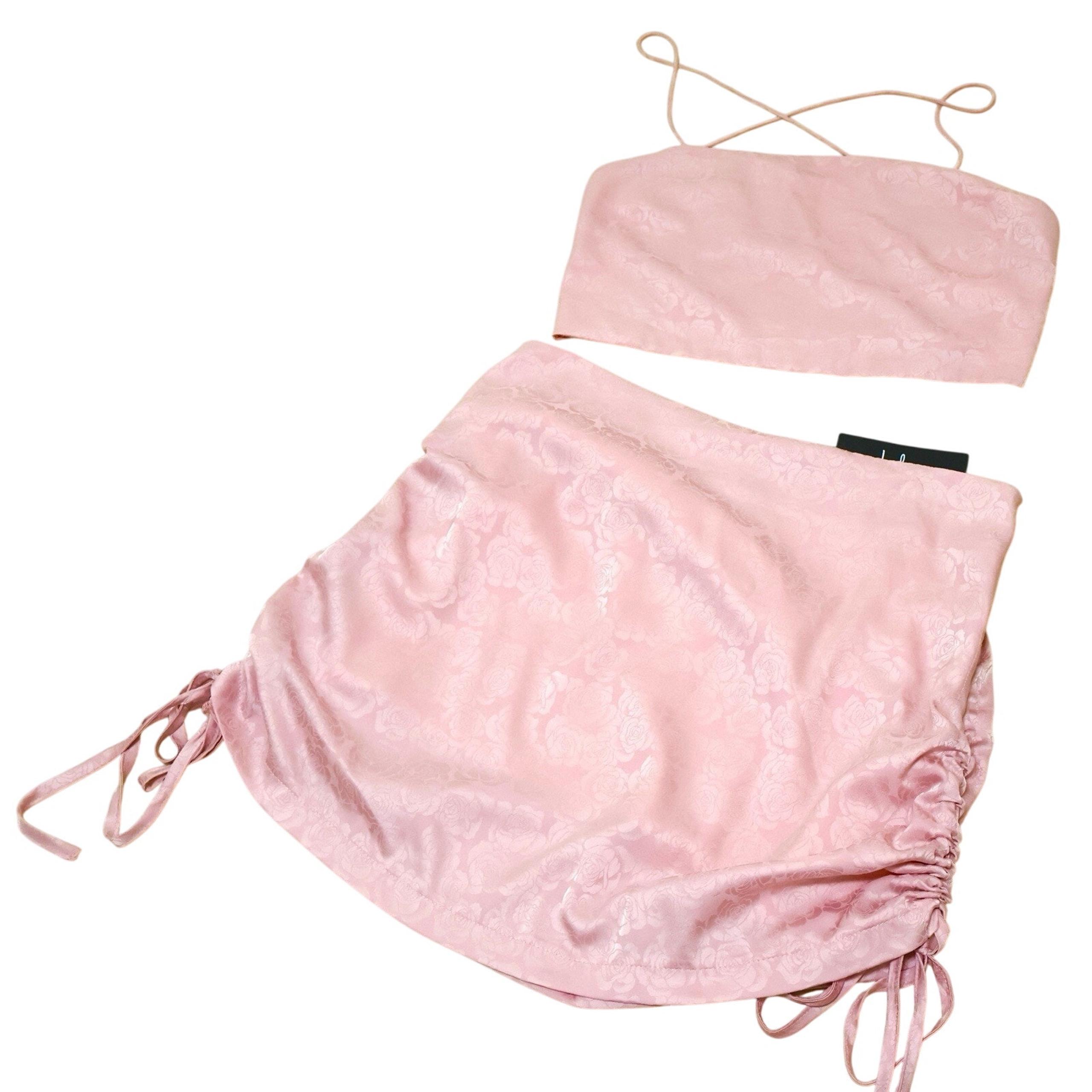 Lulus In A Bliss Pink Floral Satin Lace Up Top & Ruched Mini Skirt XL Coquette