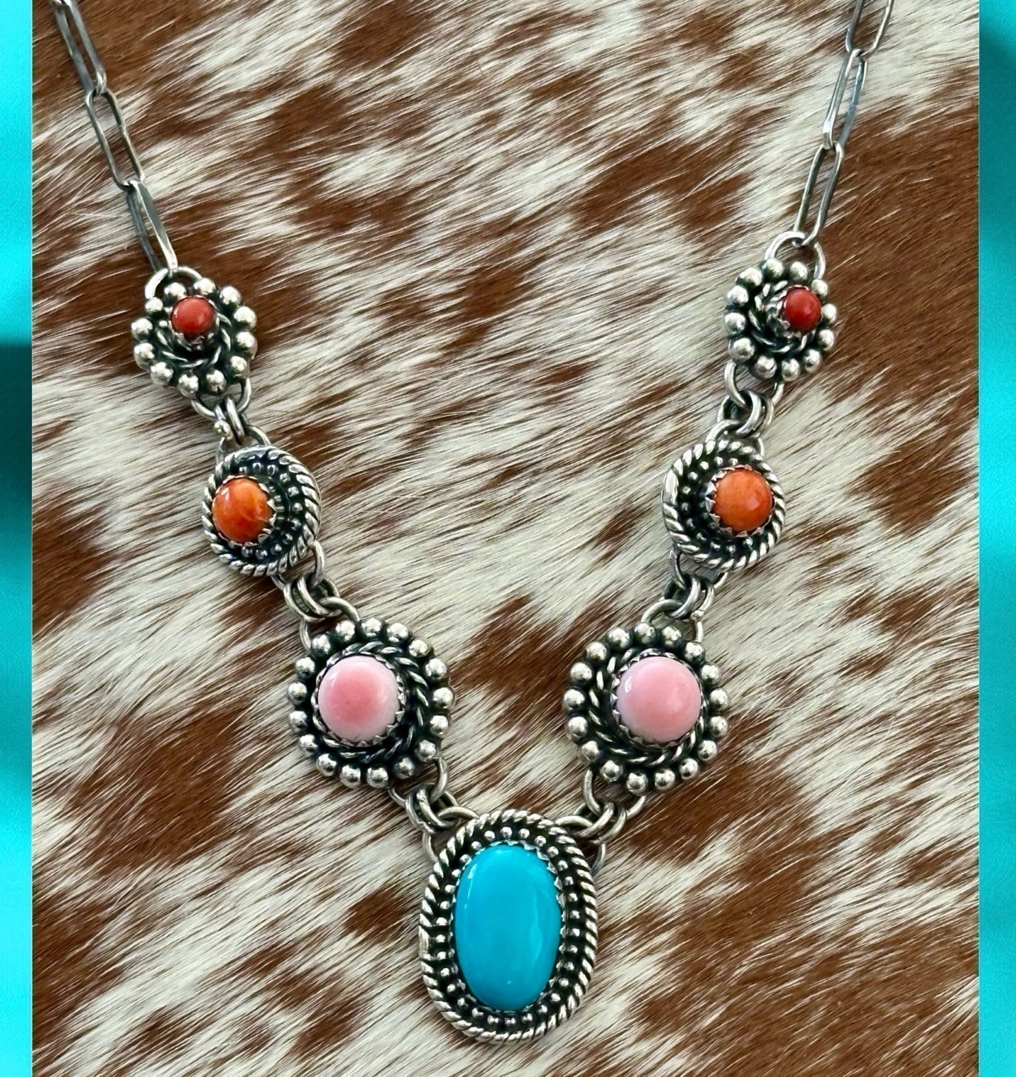 Turquoise pink conch spiny coral southwestern sterling silver necklace