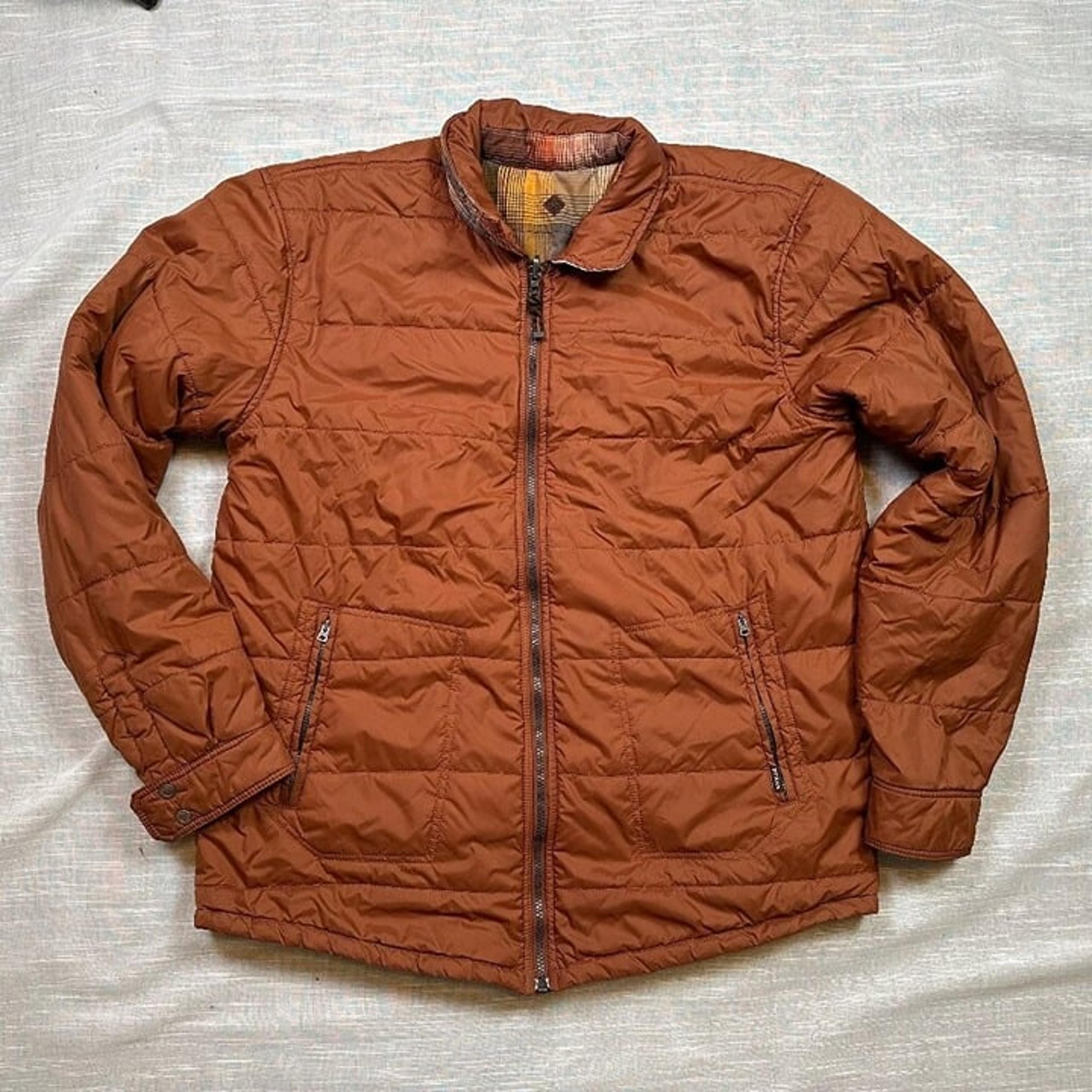 PrAna Men's Orange and Plaid Reversible Puffer Shacket Jacket Estimated Sz Large