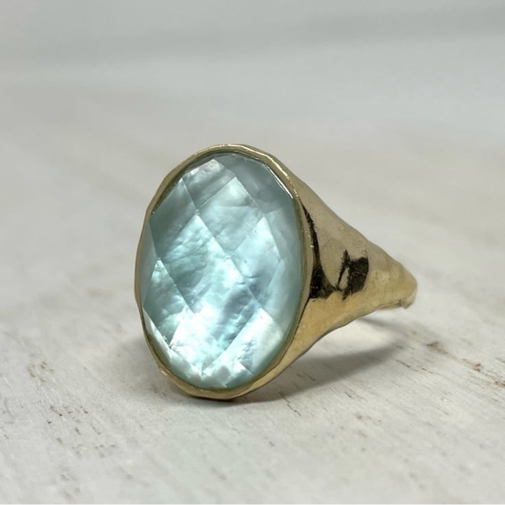 Solid 14K, faceted aqua blue quartz cabochon ring, approx size 7