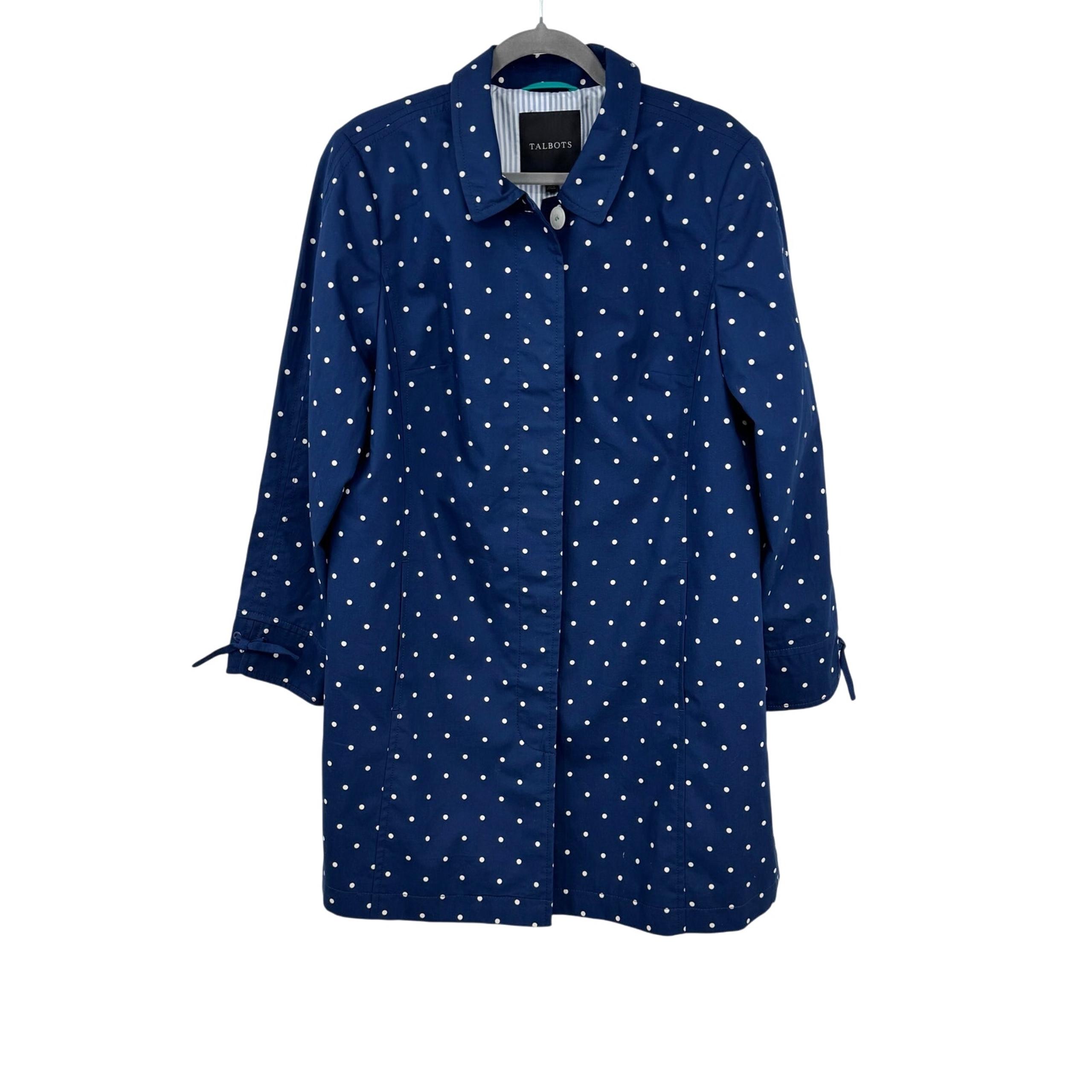 Talbots Polka Dot Trench Coat Jacket 14 Blue Preppy Twee Classic Capsule
