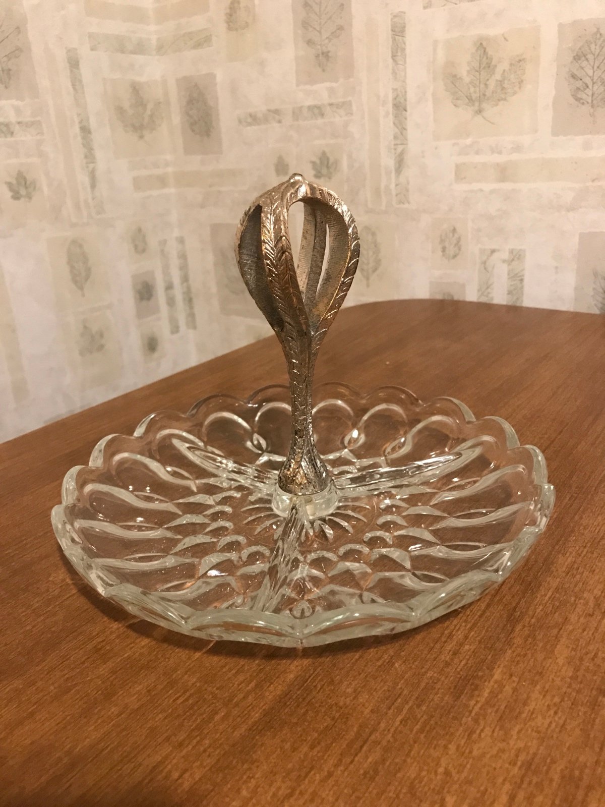Vintage Divided etched glass dish with unique silver Silver