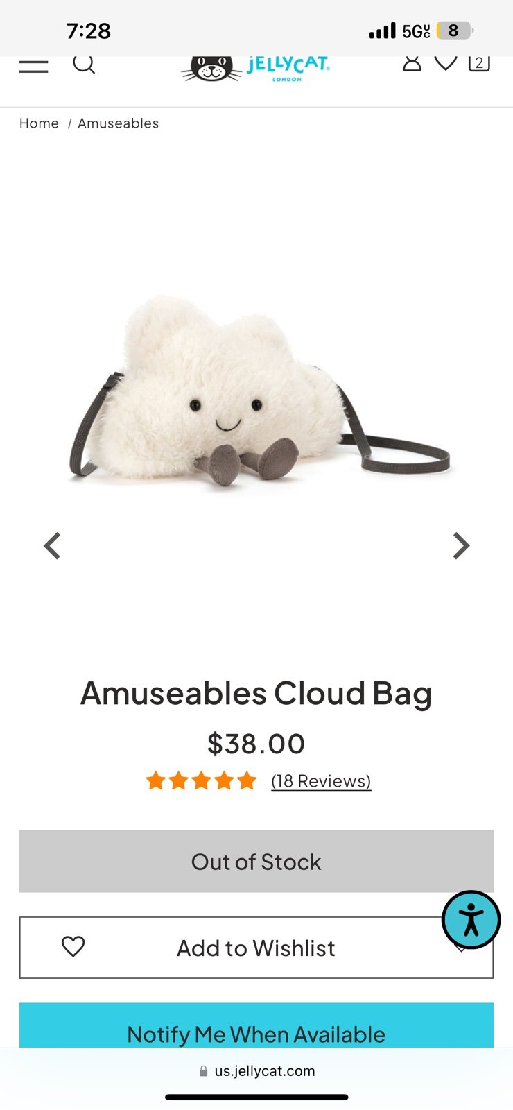 Jellycat Amuseable cloud bag nwt
