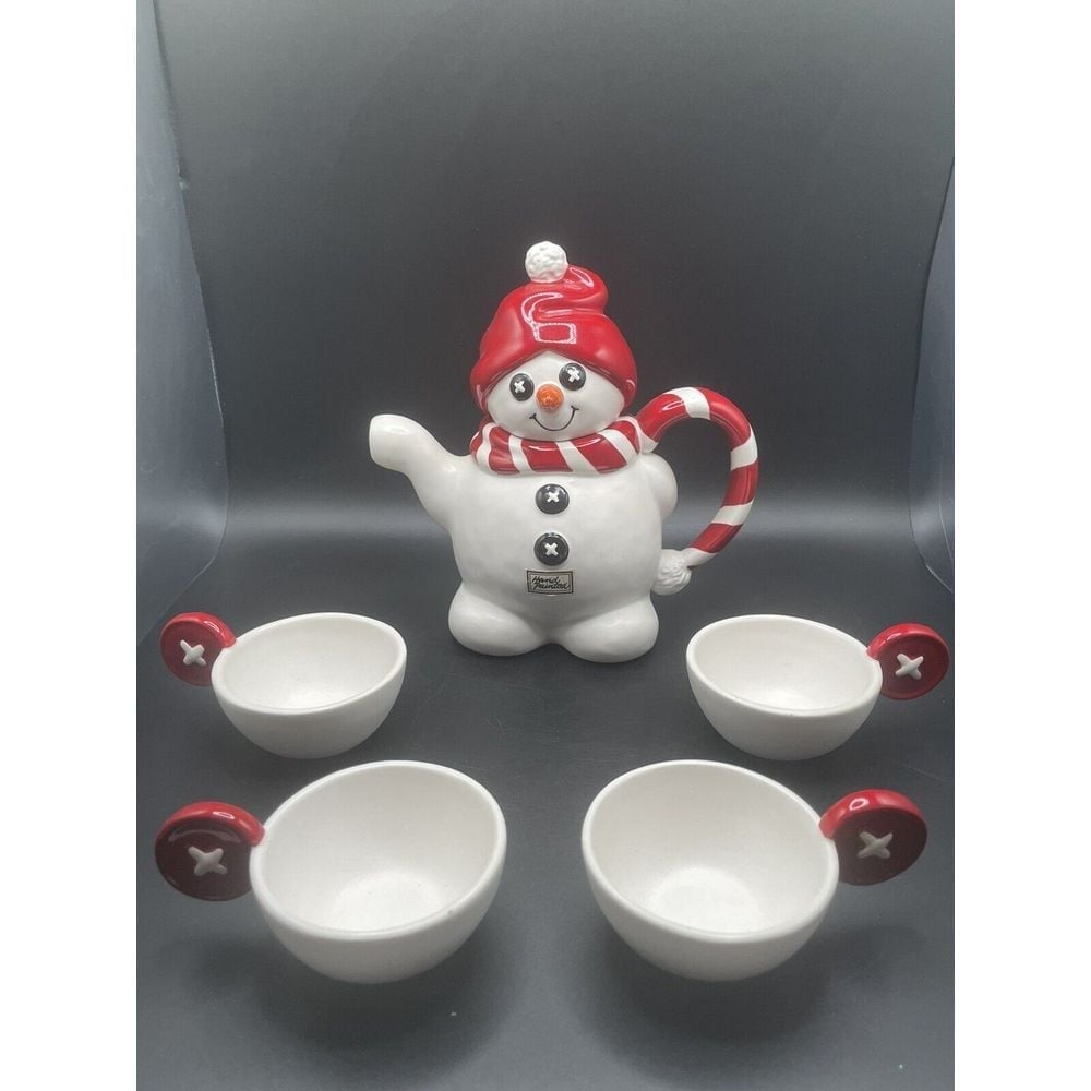 Dept 56 BILLY BUTTONS SNOWMAN TEA SET with 4 TEA CUPS