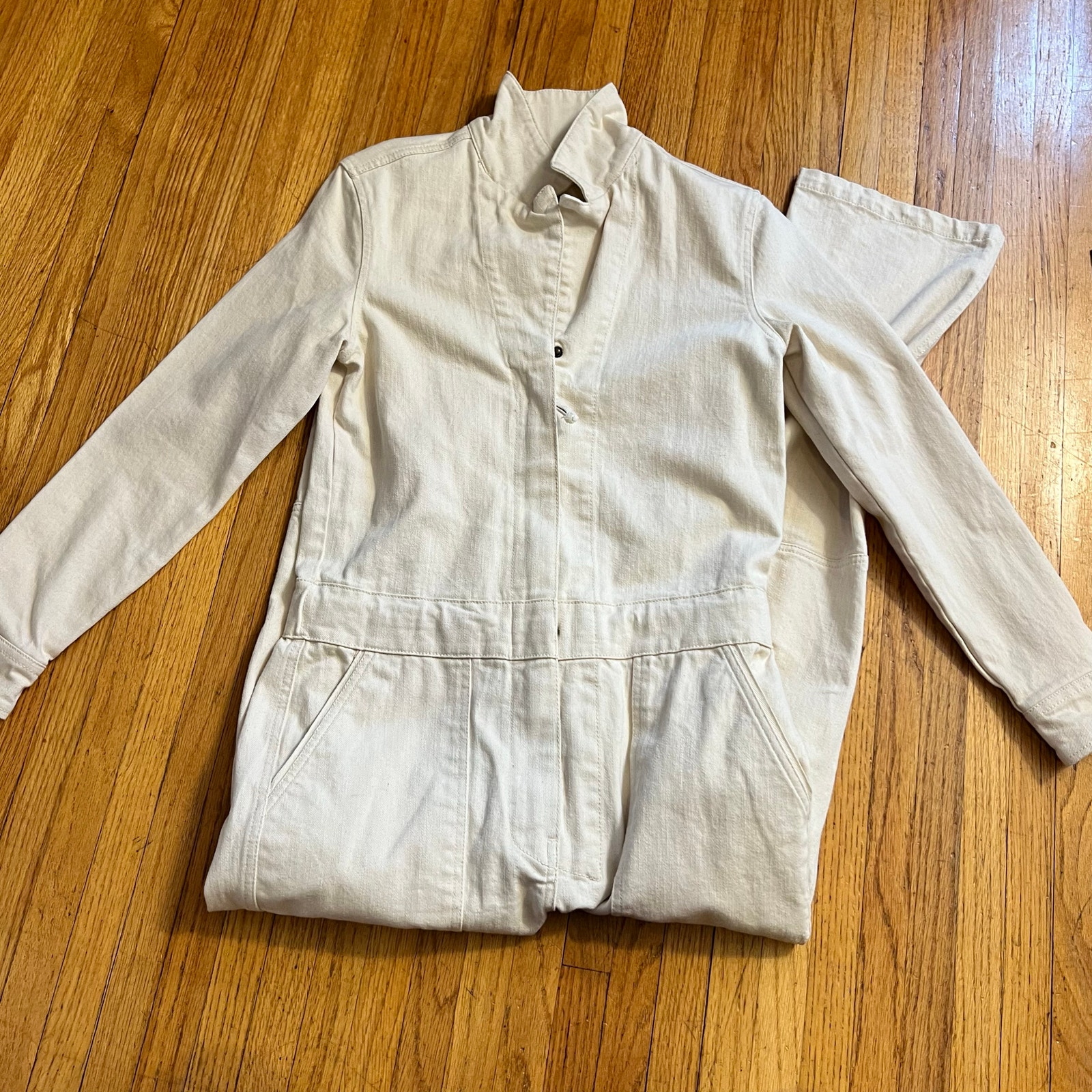 Faherty Coveralls Womens Small Overland Twill Jumpsuit Straight Leg Pants Cream
