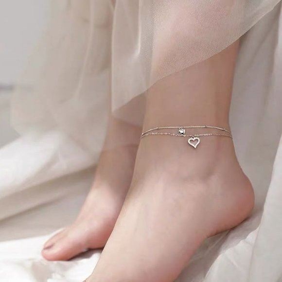 NEW 925 Silver Diamond Heart Anklet