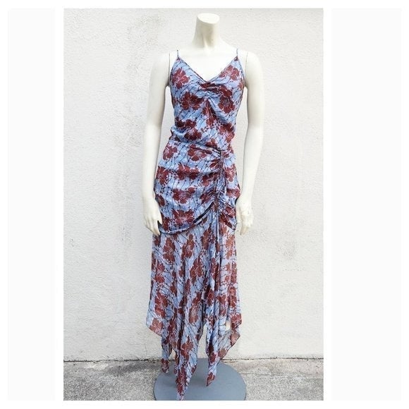 NWT Karina Grimaldi Women's Jessy Print Dress Periwinkle High Low Blue Brown L
