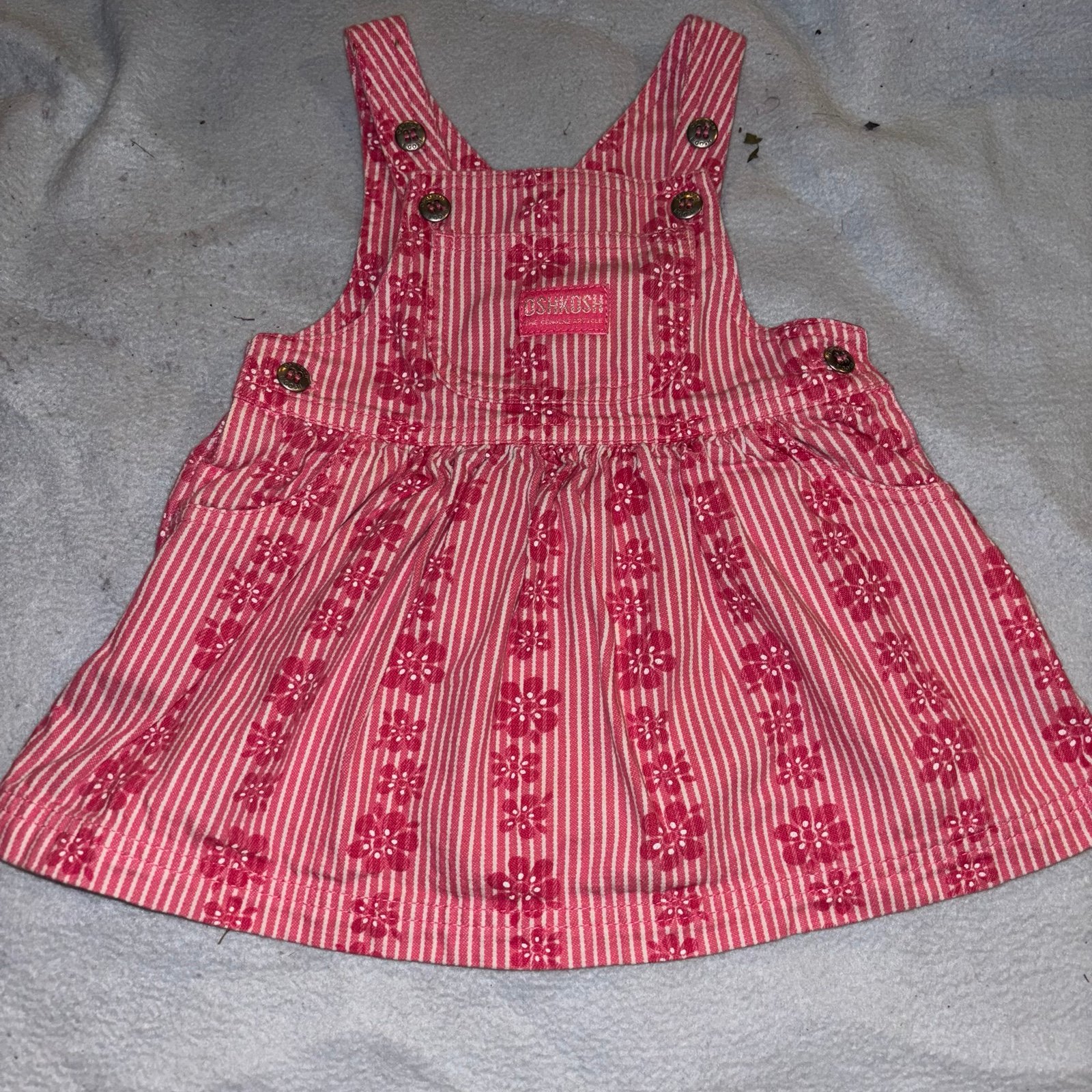 Vtg Girls Oshkosh Overall Jumper Dress Pink Hawaiian Tropical Floral Stripe 12m