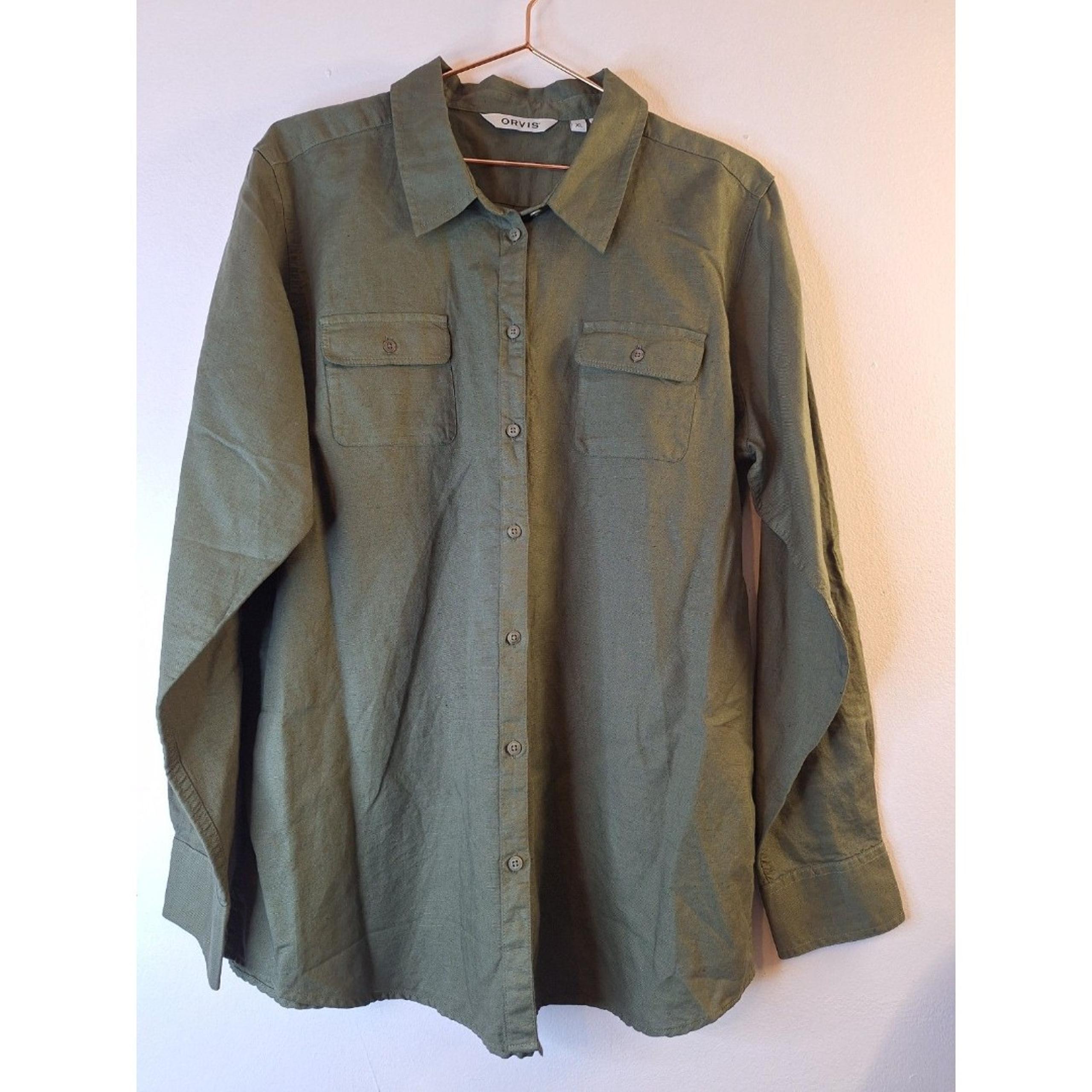 ORVIS Linen Blend Button Up Shirt Women's XL Roll Tab Sleeves Vacation Resort