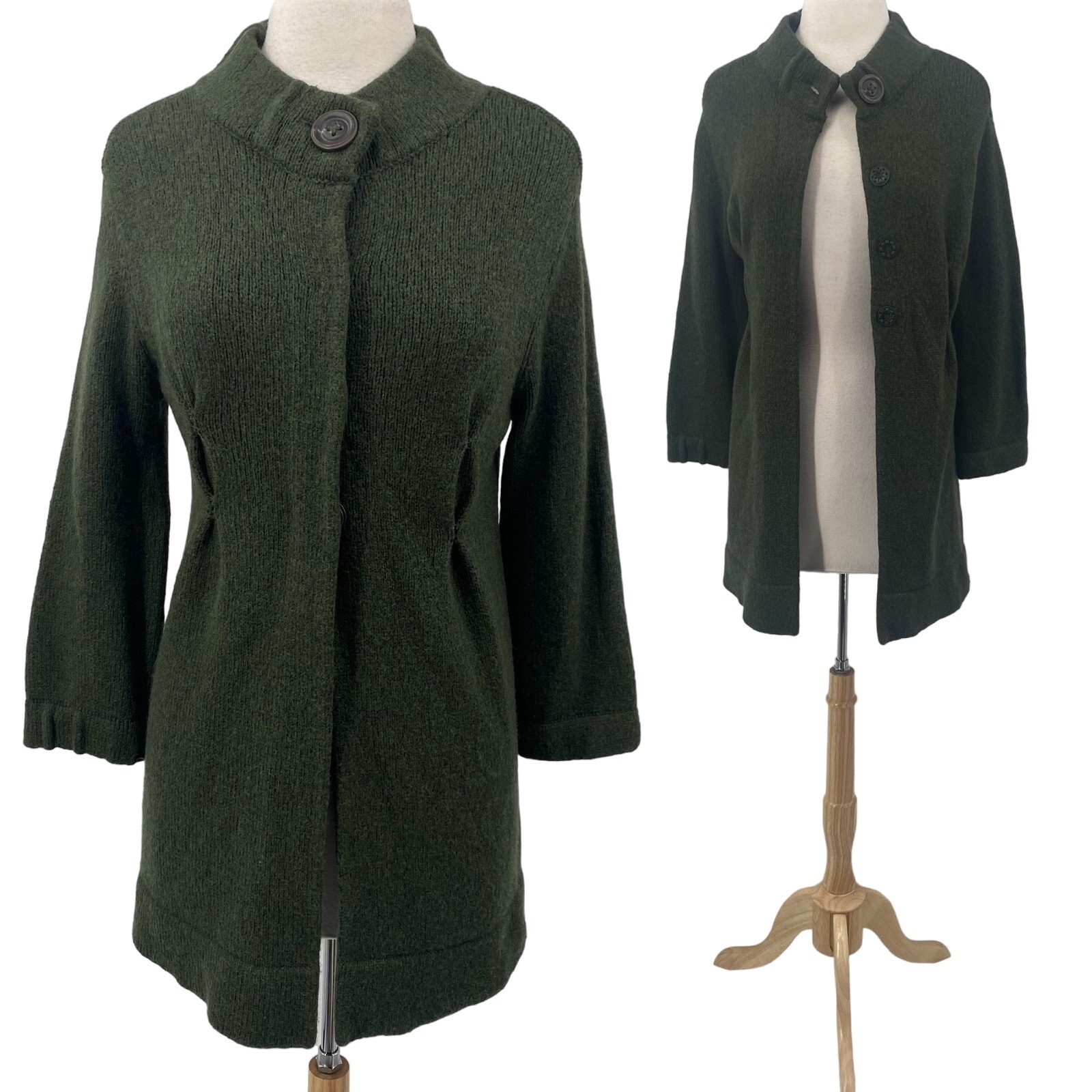 Vince Wool Cardigan Sweater Snap Front Longline Mockneck Green Womens Medium