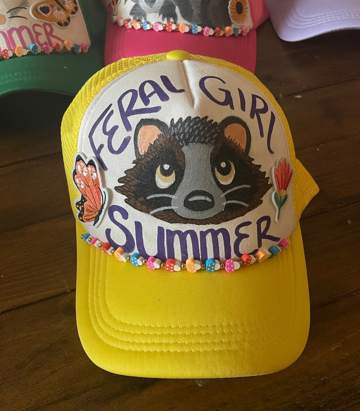 Handpainted feral girl summer raccoon and patches and mushroom hat