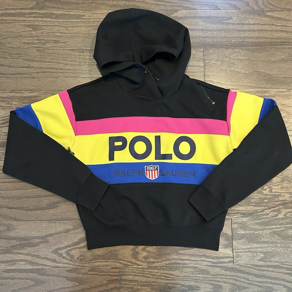 Polo Ralph Lauren Hoodie Womens Small Multi Shield Striped Spellout Pullover