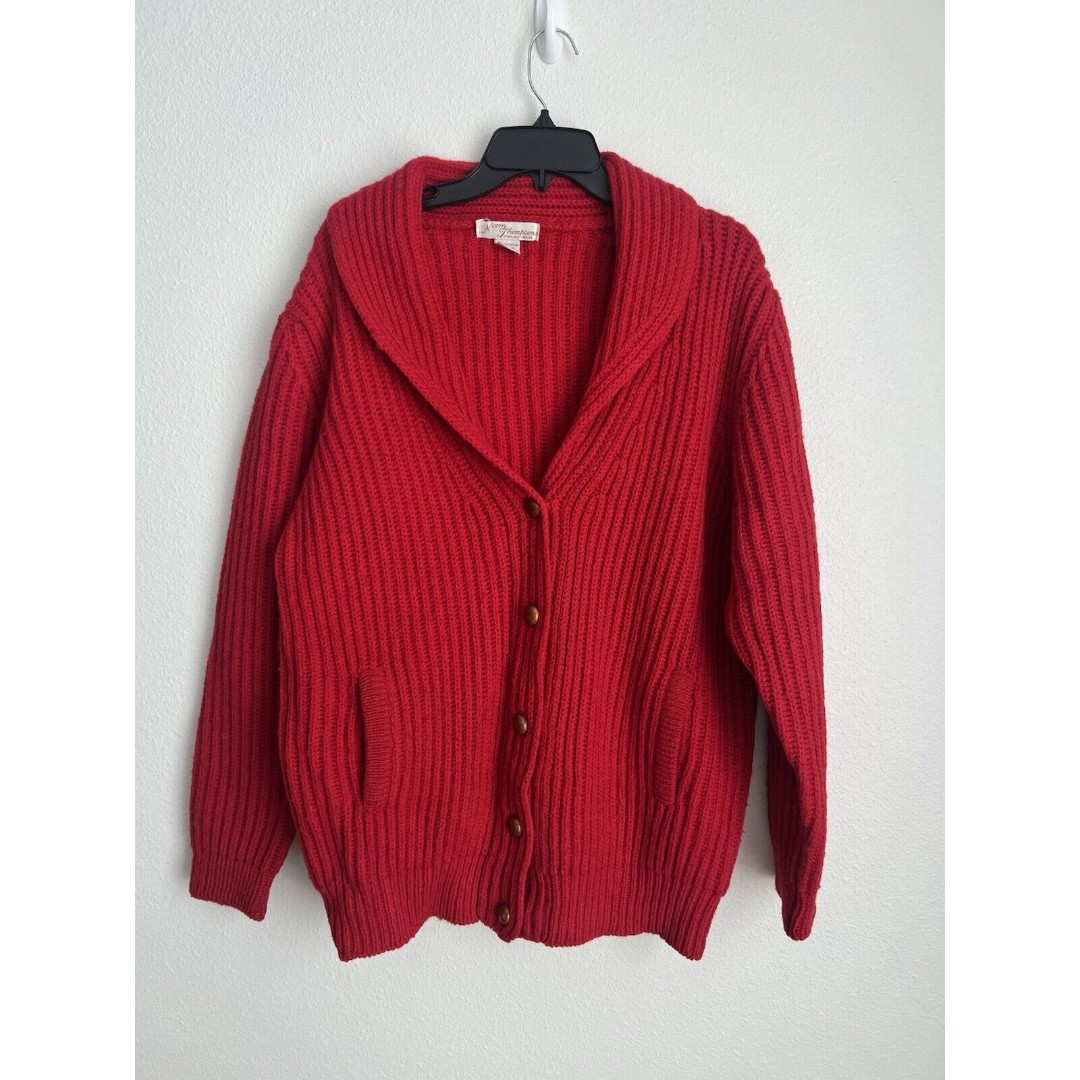 Vintage Norm Thompson Red 100% Shetland Wool Heavy Knit Cardigan Shawl Collar