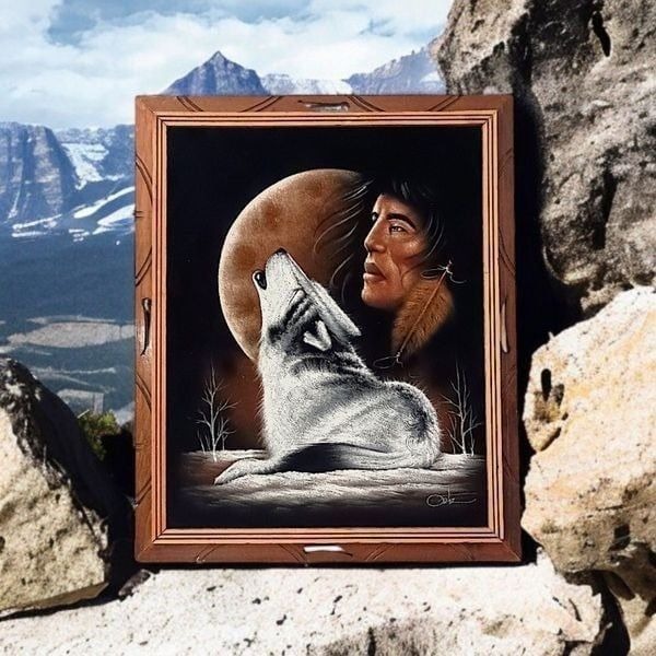 Vintage Velvet Painting Wolf Native American Artist Signed 22x18 Western MCM 70s