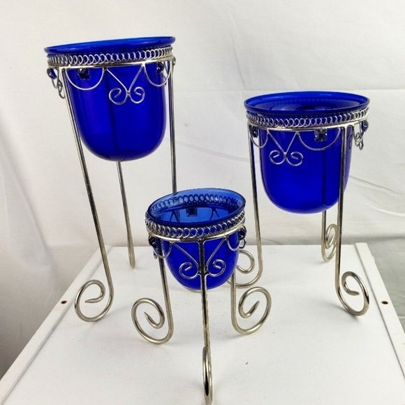 Set of Three Cobalt Blue Candleholders Silver Pedestal