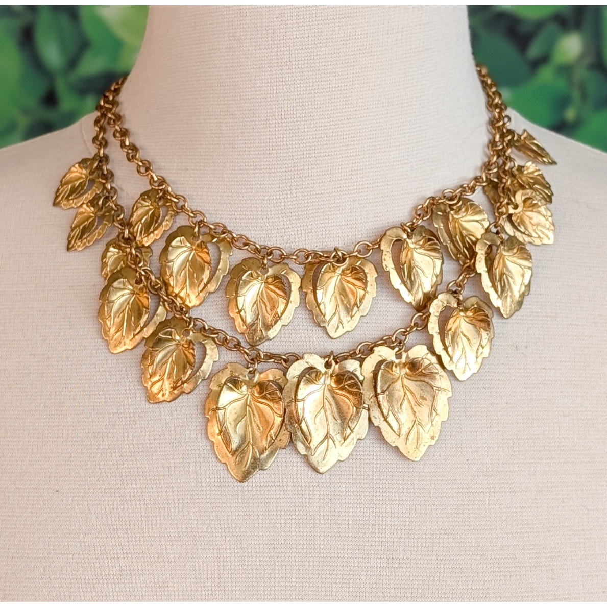 Antique Art Deco Brass Leaf Necklace Tiered Embossed 1920s 30s Gold Collar