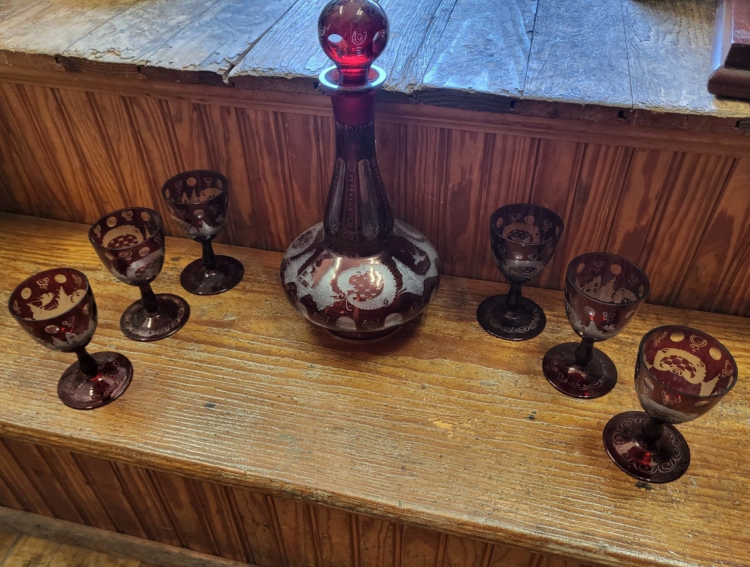 Vintage bohemian ruby crystal decanter with 6 glasses