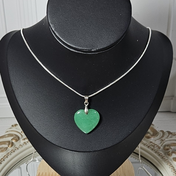 Jade Heart Pendant In 18k White Gold Plate With 925 Sterling Silver Chain