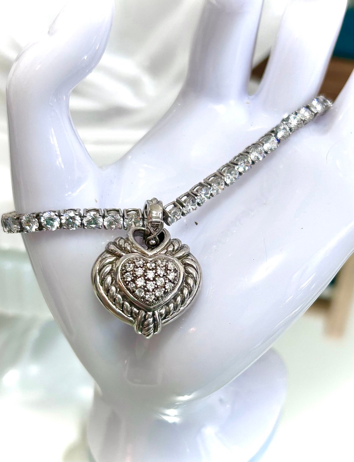 Judith Ripka 925 Heart Charm on 7.5” CZ tennis bracelet