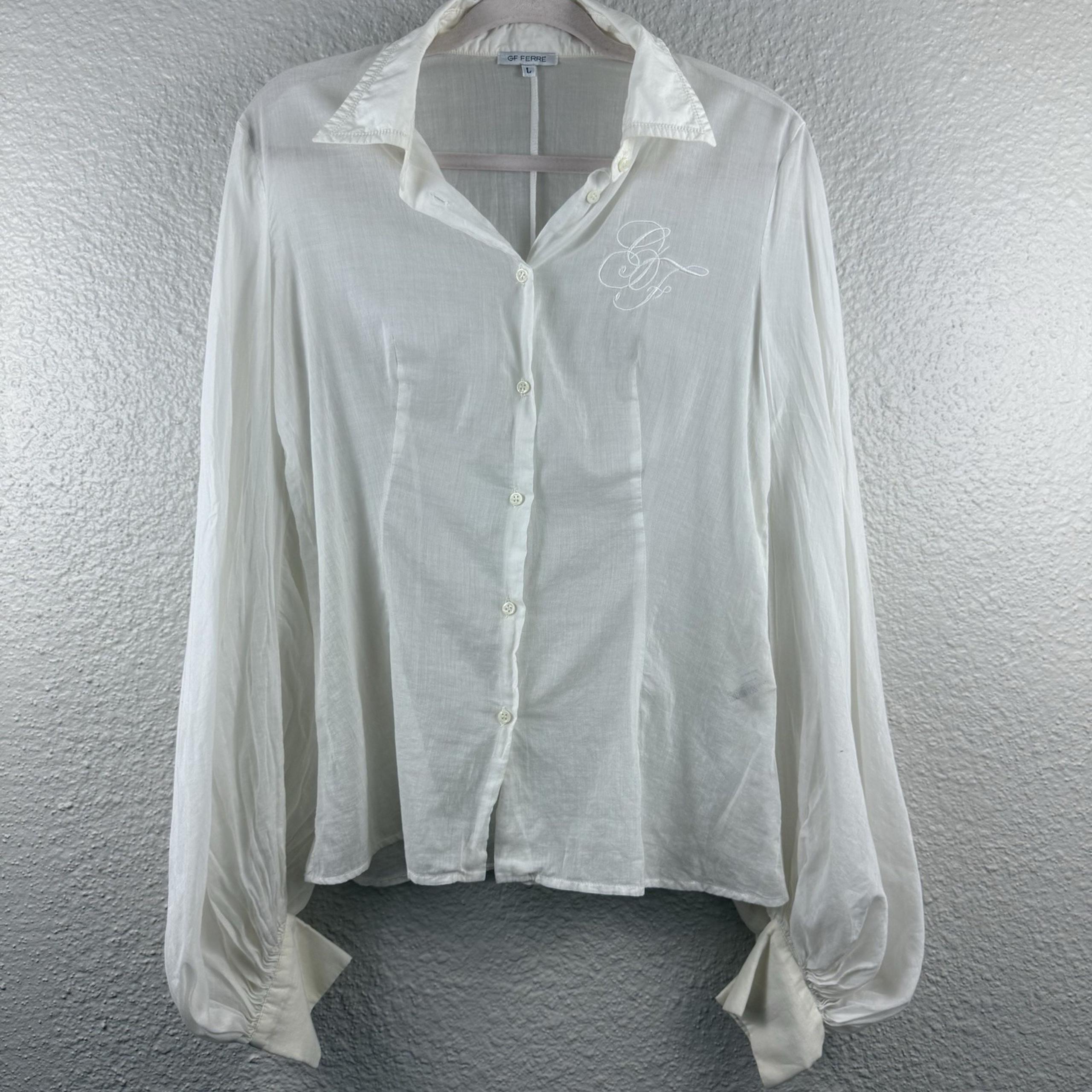 Vintage GF Ferre White Button Down Blouse Puffy Sleeves Made In Romania