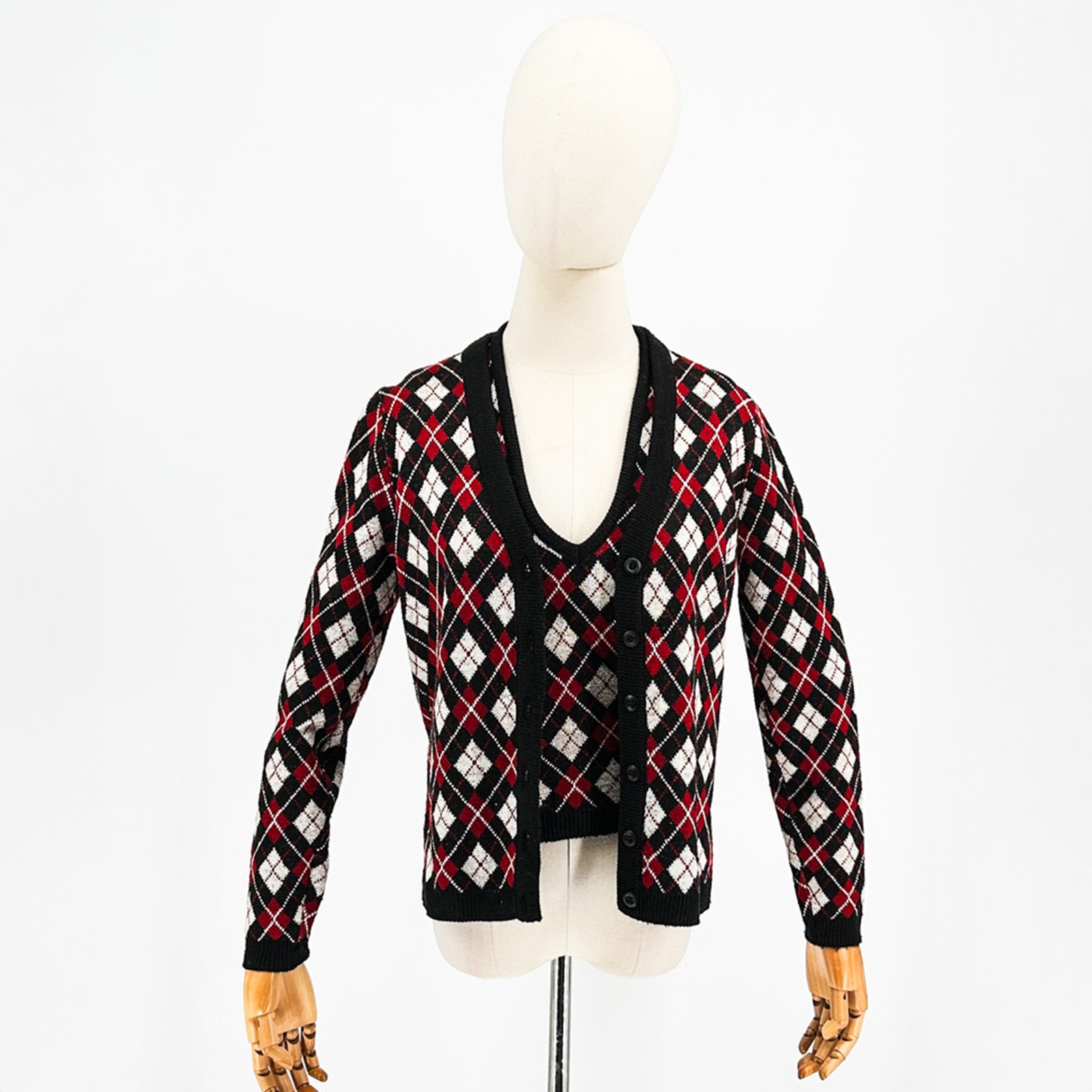 70s John Meyer Black Red Argyle Sweater Vest + Cardigan TwinSet