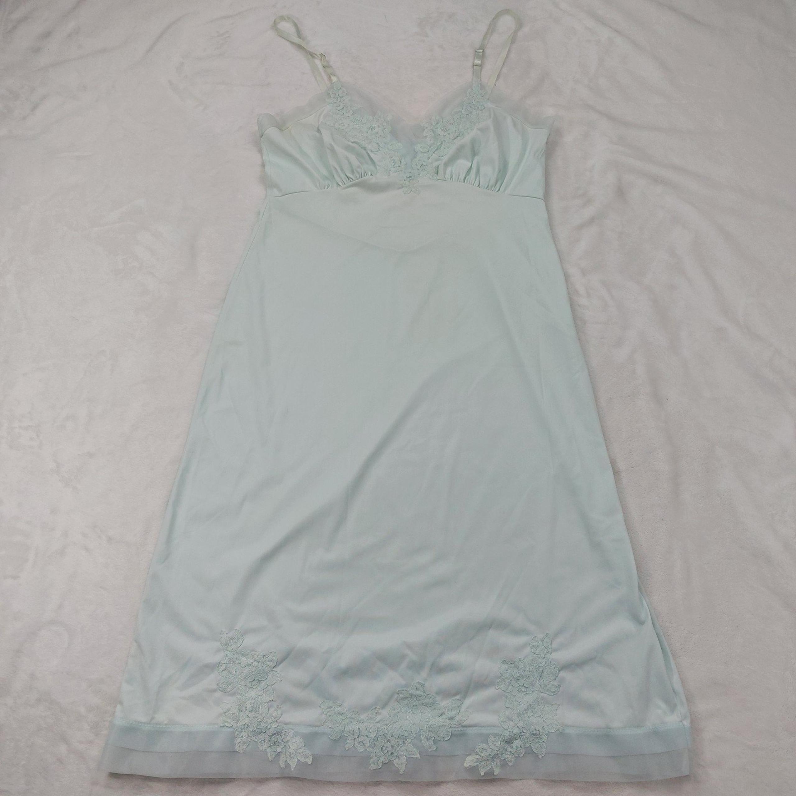 VAN RAALTE WOMENS VINTAGE PALE PASTEL BLUE LACE CHEMISE SLIP DRESS NIGHTGOWN 36