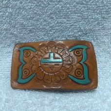 Hand Tooled Leather Over Metal Buckle Brown Turquoise Sun God Great Vintage !!