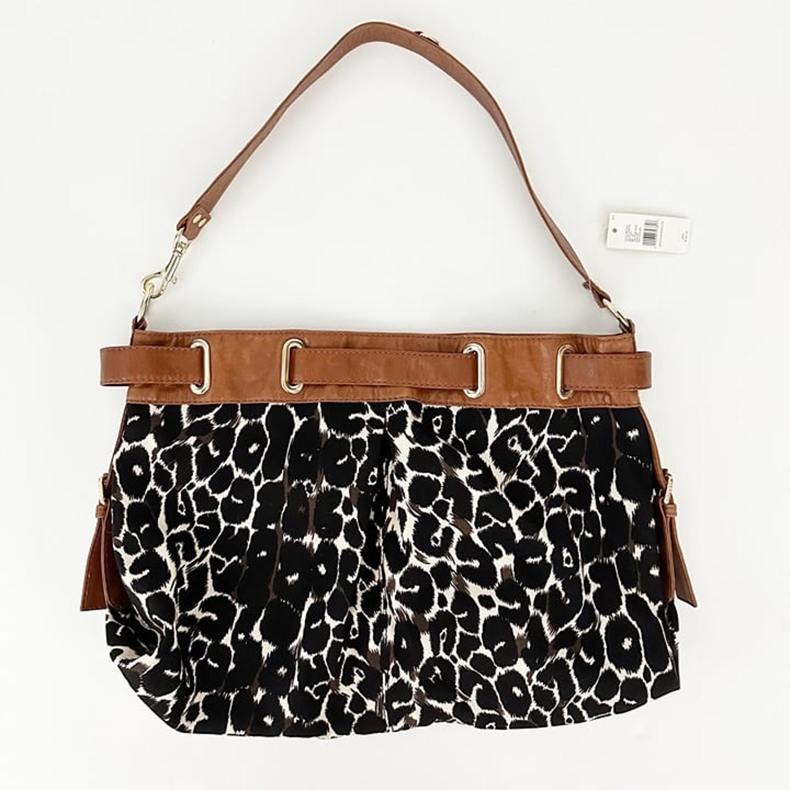 new brown & black cheetah print canvas & leather handbag purse $189 - Gianni Bini