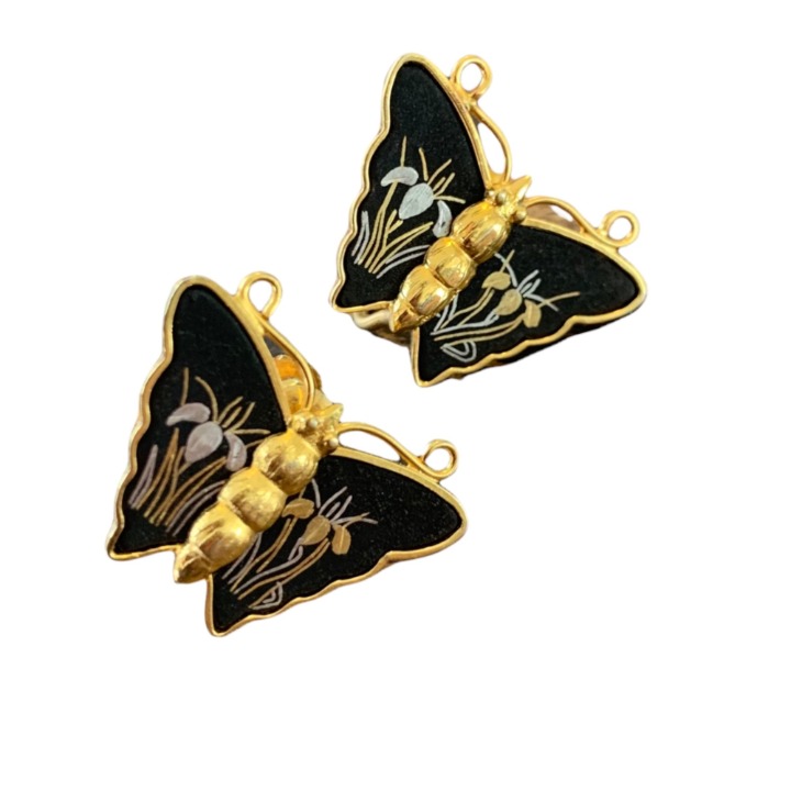 Vintage Signed Amita Damascene Gold Tone Lily Scene Butterfly Screw Back Earring