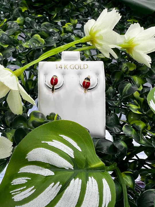 14K Yellow G Ladybug Earrings Huggies Hoops Womens Kids Girls Ladies Aretes Oro