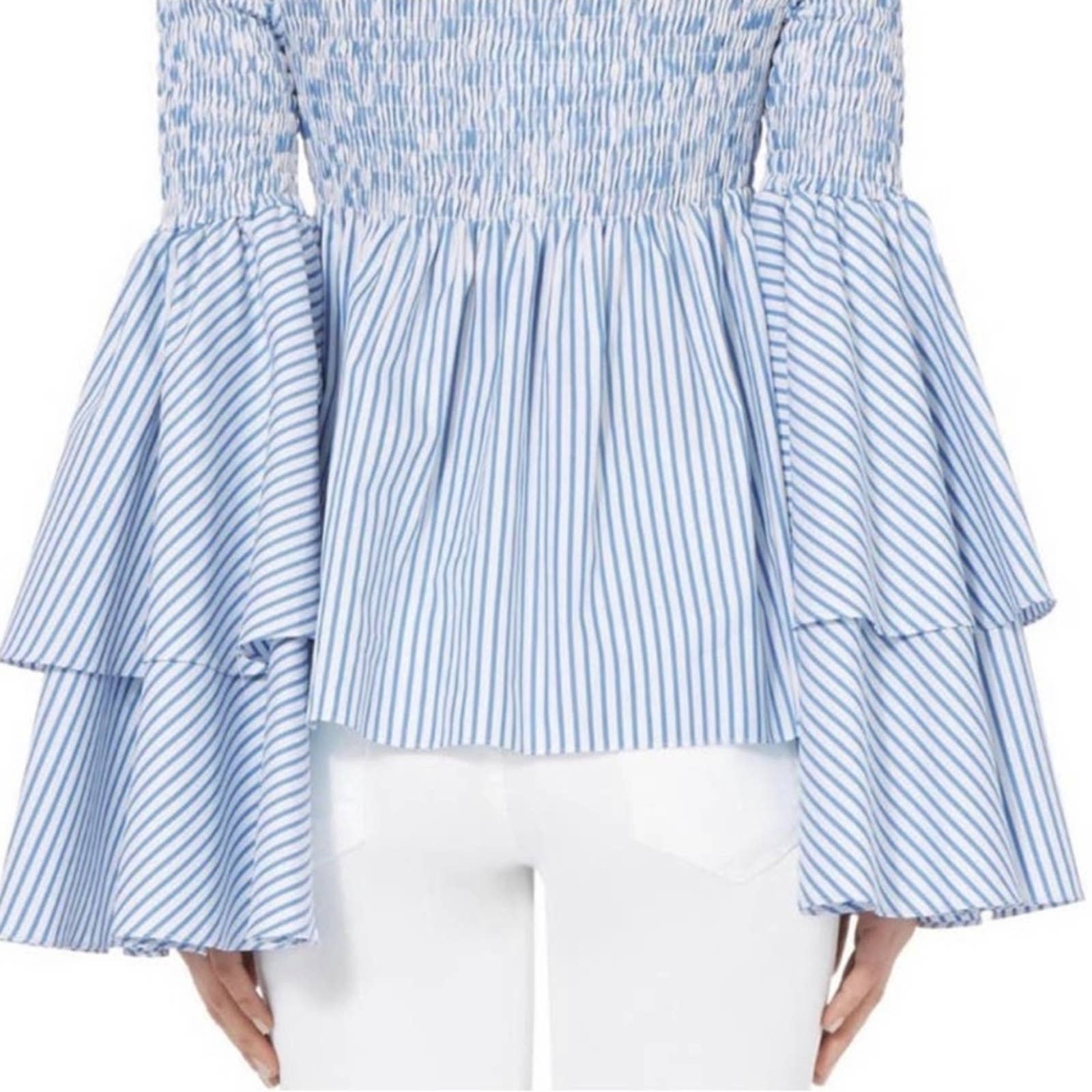 Caroline Constas Appolonia Plaid shops Off the Shoulder Smocked Top