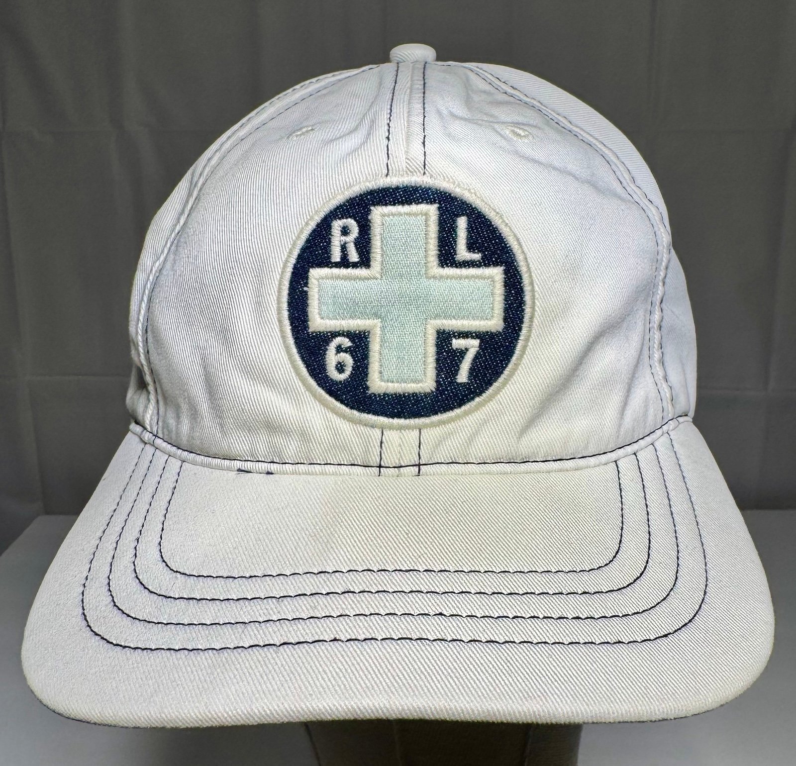 Vintage POLO RALPH LAUREN Embroidered RL-67 CROSS Strap Back White Hat Cap