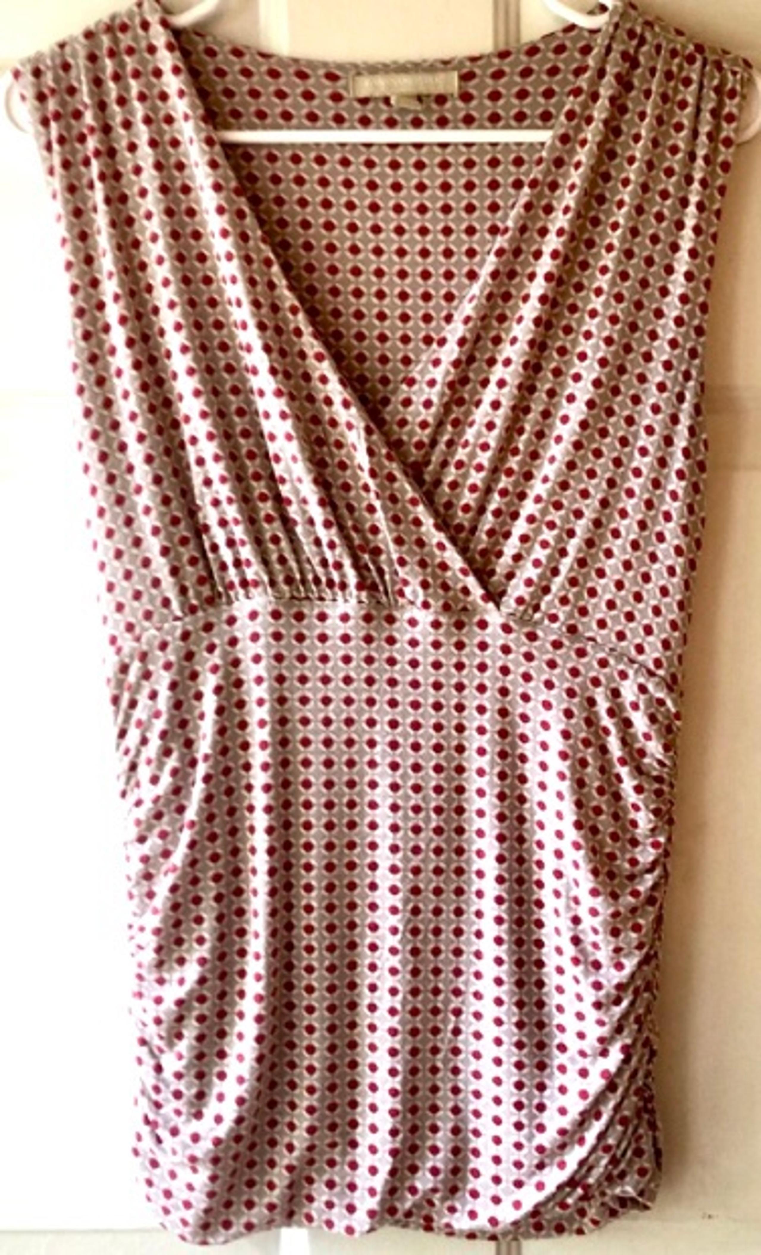 Banana Republic Red Taupe Beige Cream Dot Print Ruched Sleeveless Knit Top Med
