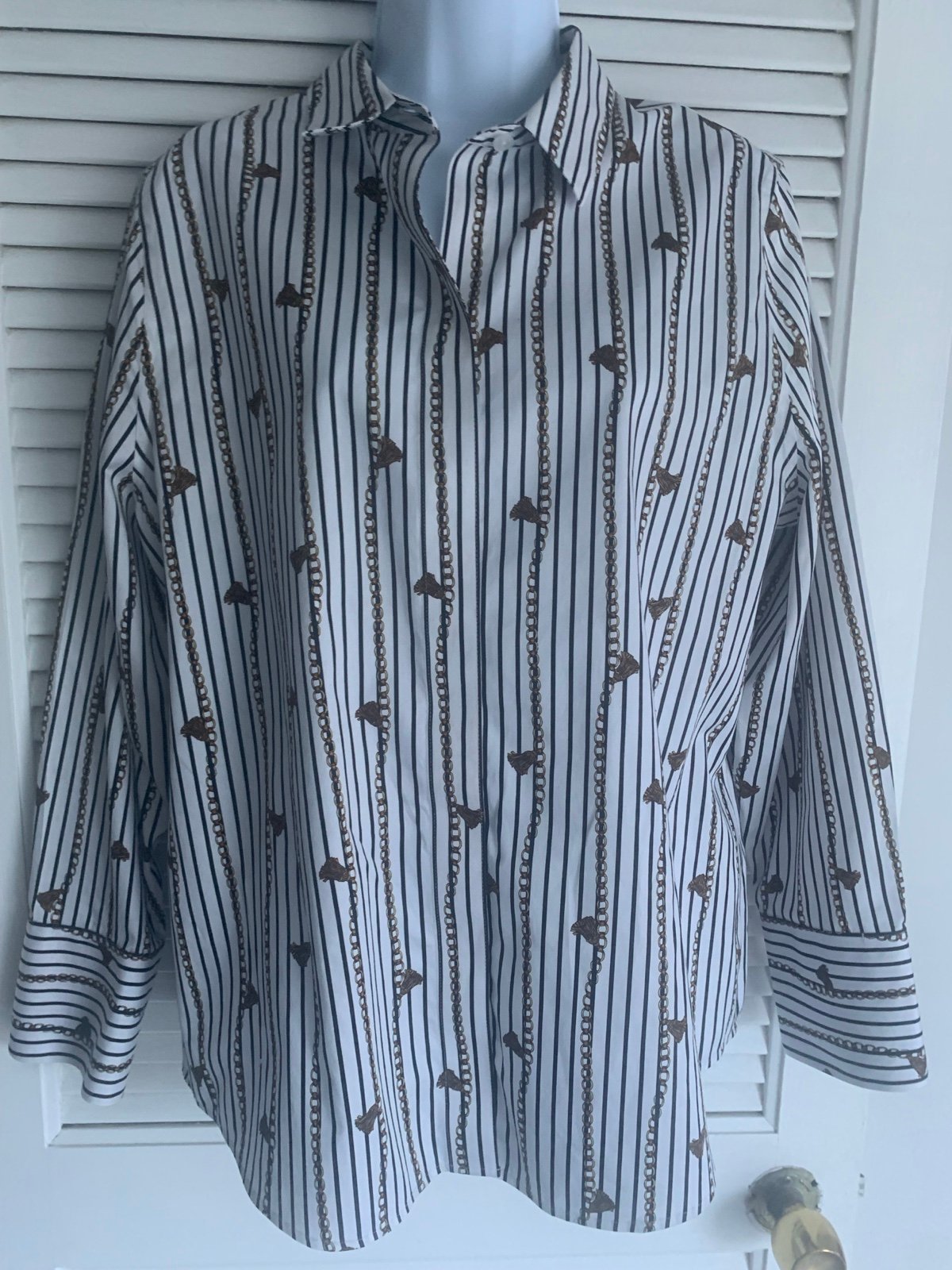 Chico’s women’s white button down shirt with tassel pattern size 2/14