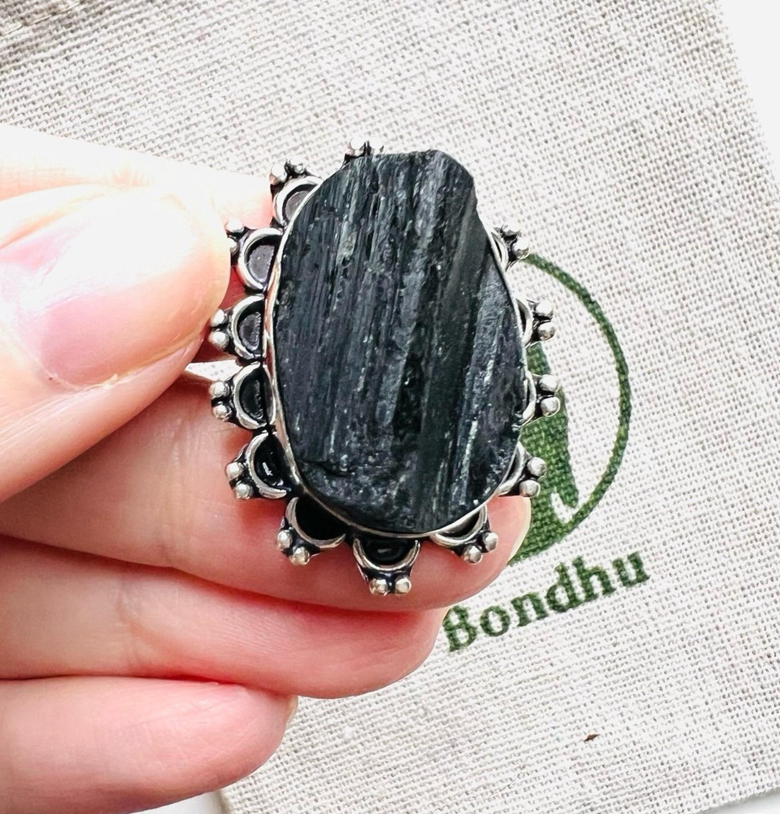 Black Tourmaline Silver Ring Size 8.75