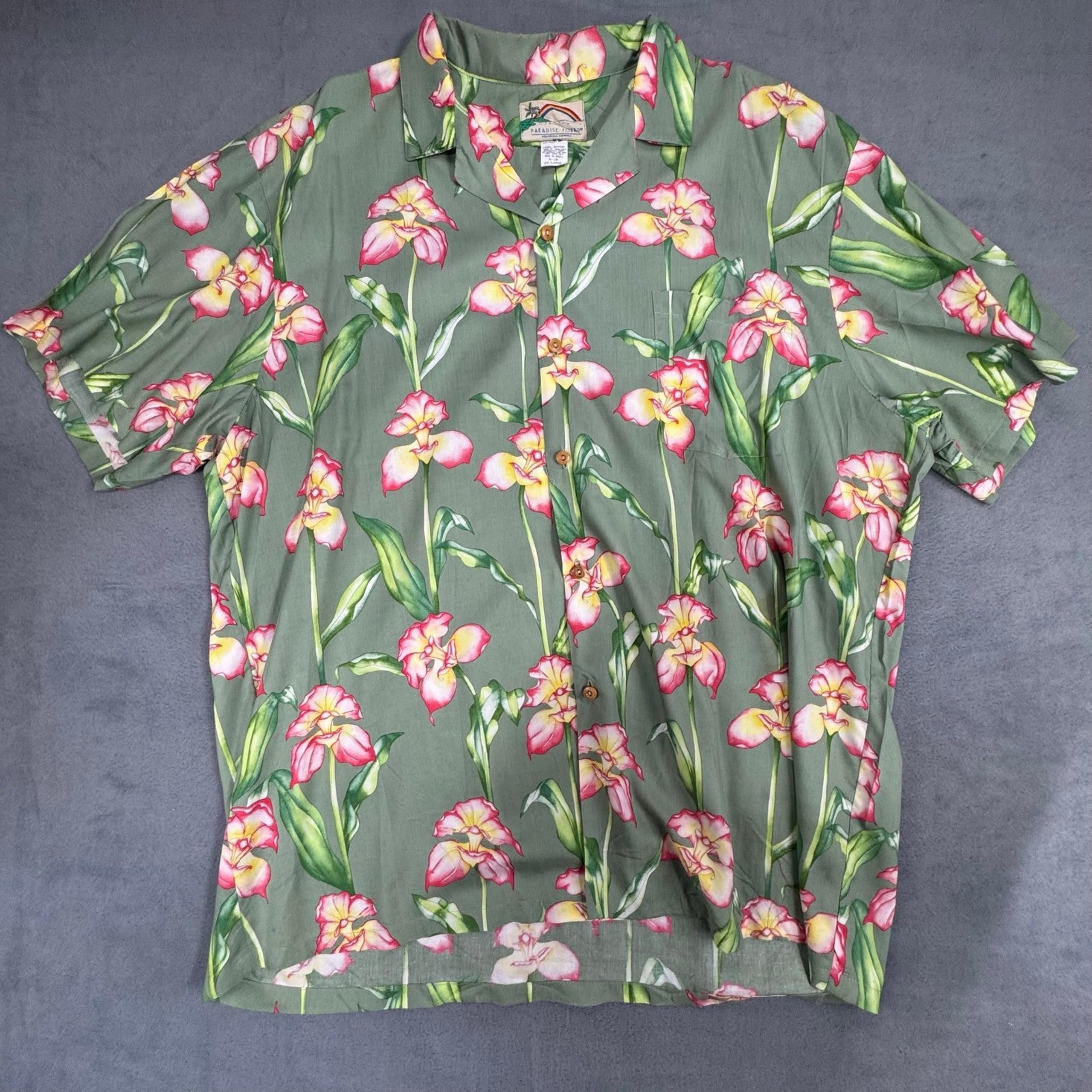 Vintage Paradise Found Hawaiian Aloha Shirt Mens Green 100% Rayon Floral 2XL XXL