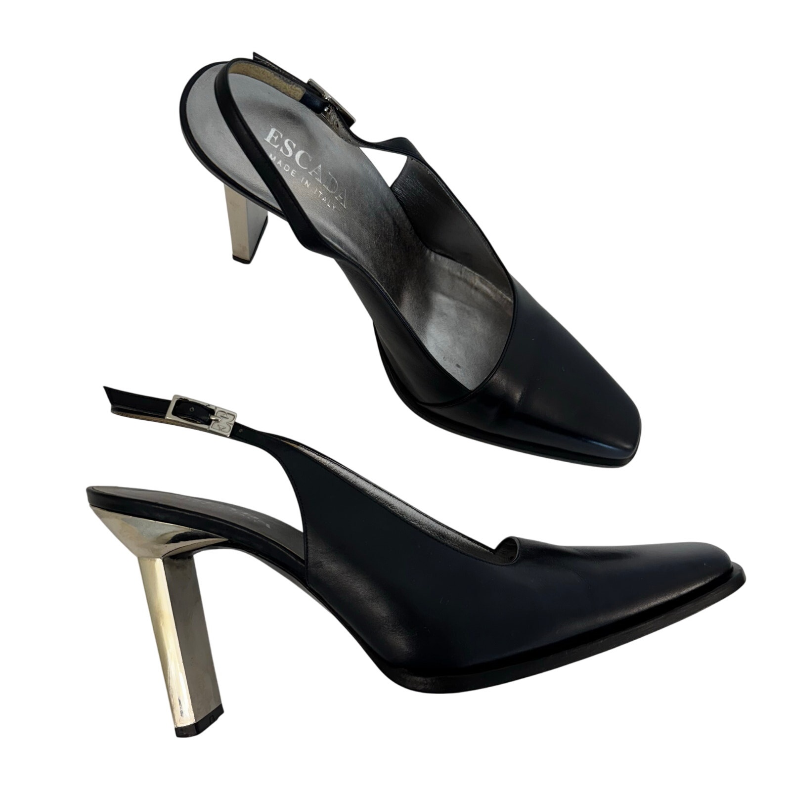 Escada Slingback Mirror Heel Pumps Dark Navy Blue Square Toe Size 8B