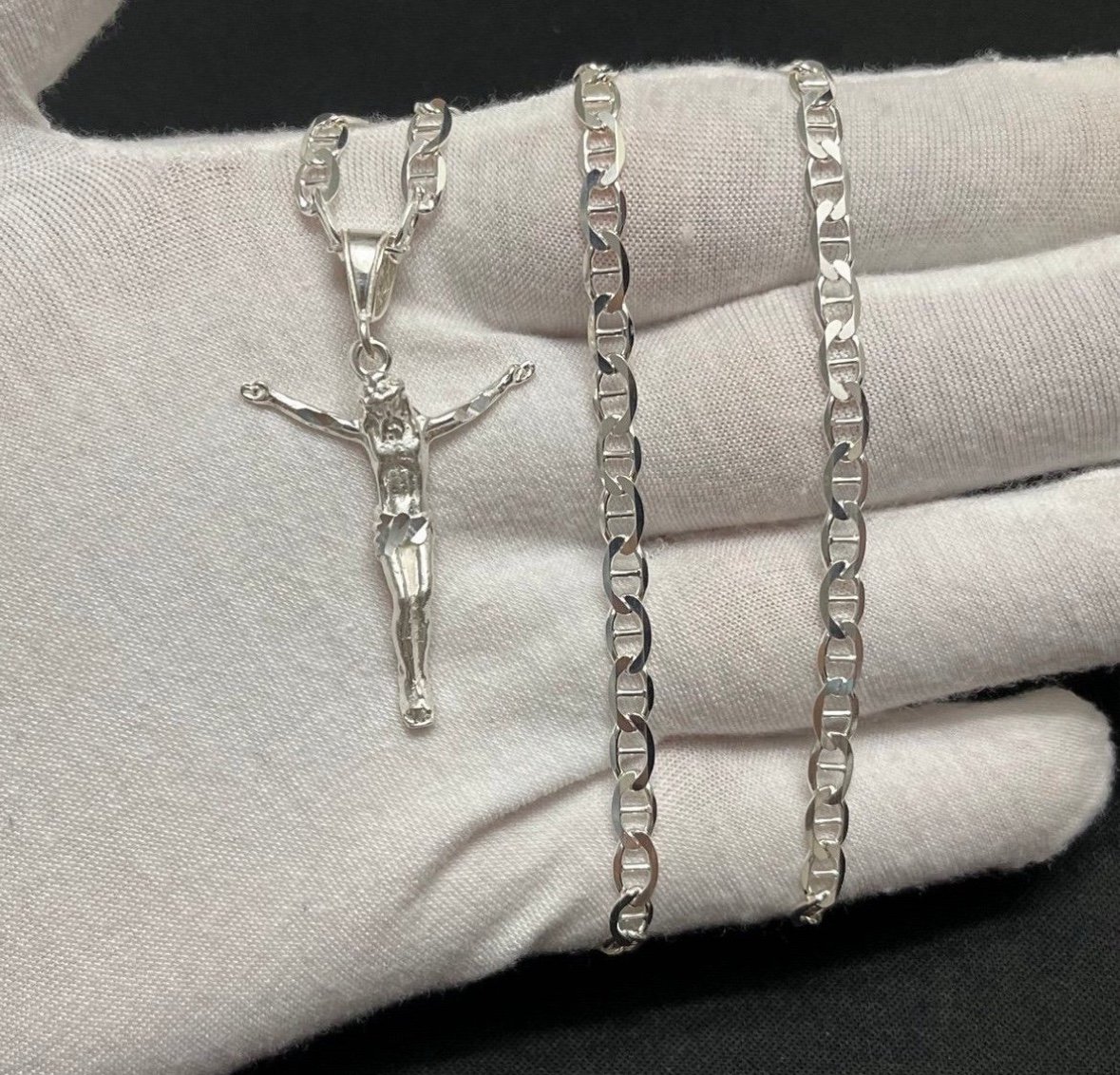 Sterling Silver Jesus Necklace with Silver 20” 4mm Mariner Chain