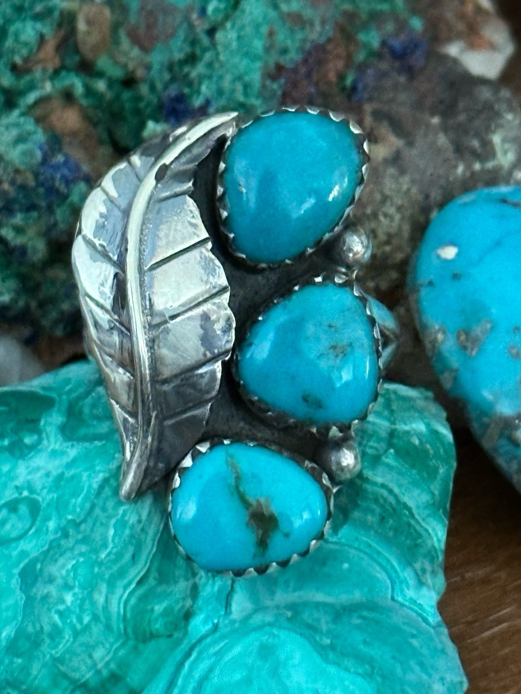 kingman turquoise triple, feather southwestern sterling silver ring