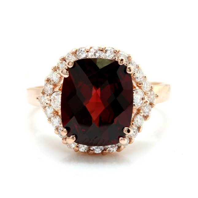6.60Ct Natural Cushion Red Garnet & Diamond Halo Solitaire Ring 14k Yellow Gold