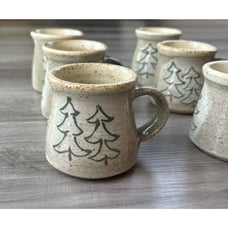 Set Of 6 Pottery Stoneware Espresso Mini Mugs Cups Handle Pine Tree