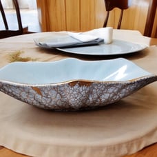 Lovina California USA Pottery Turquoise Footed Bowl Metallic Gold Crackle MCM